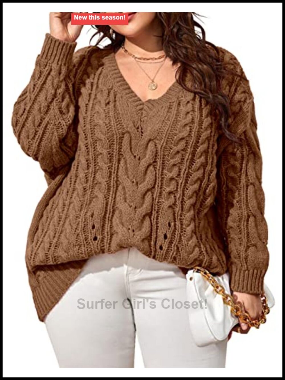 Plus Size Cable Knit V Neck Long Sleeve Pullover Sweater